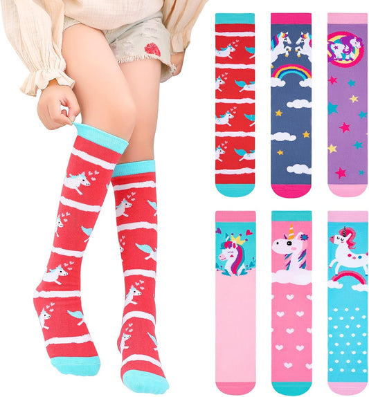 6 Pairs Girls Knee High Socks, Cute Unicorn Socks Colorful Cartoon Animal Welly Socks Warm Cotton Crazy Fun Kids Odd Socks Mid Calf Long Boot Socks For 3-12 Years Girls, One Size