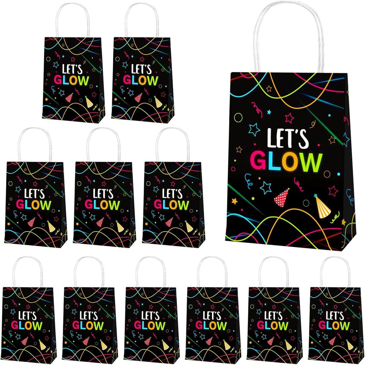 12 Pack Let's Glow Party Gift Bags, Glow Neon Themed Party Supplies Favors Decorations for Adults & Kids, Glow in Dark Candy Wrap Bags