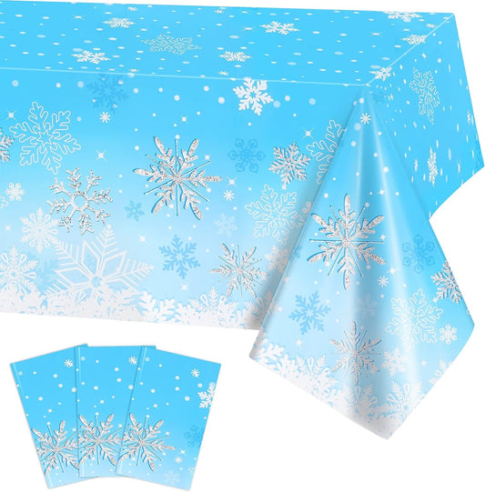 PHOGARY 3pcs Christmas Snowflake Tablecloth Winter Snowflakes Plastic Table Cover Decorations for Winter Christmas Birthday Party Supplies, 51 x 86 Inch, Rectangular