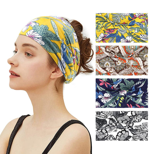 PHOGARY Wide Headbands for Women, Non Slip Sweat Headbands Sports Workout Elastic Turbans Boho Floral Flower Headbands, 4 Pack