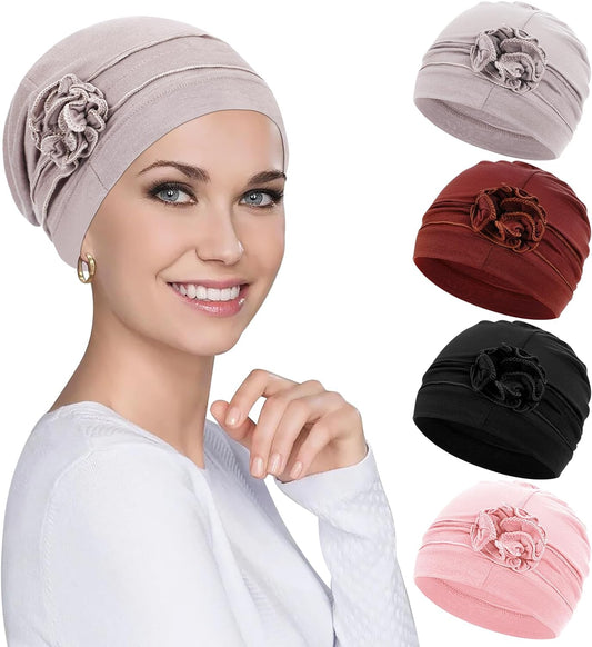 PHOGARY 4pcs Chemo Headwear Turbans Cap Beanie Hat Head Wraps Hair Coverings for Women Sleep Cap Chemo Cancer Hat with Flower Design (4 Colors)