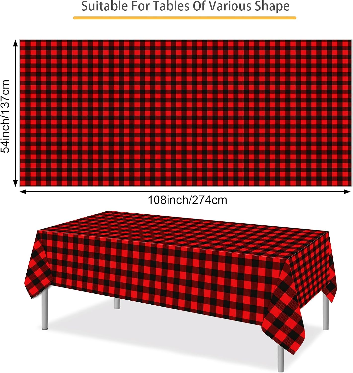 3 Pack Christmas Buffalo Plaid Tablecloths, Red and Black Buffalo Checked Tablecloths Disposable Rectangle Plastic Tablecloth for Christmas Winter Holiday Parties Decorations Supplies 54"X108"