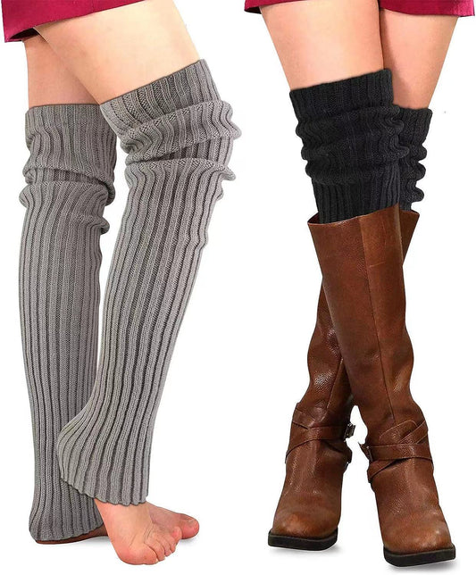 PHOGARY 2 Pairs Winter Leg Warmers Thigh High Socks Over Knee Footless Socks Crochet Knitted Long Boot Cuffs Topper Socks for Women