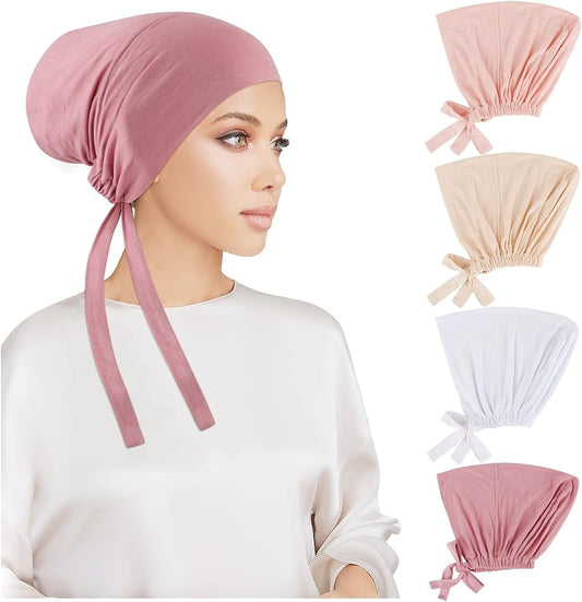 4 Pack Women Hijab Undercap, Islamic Muslim Under Hijab Cap Inner Under Scarf Hat Hijab Cap with Adjustable Tie Back Closure