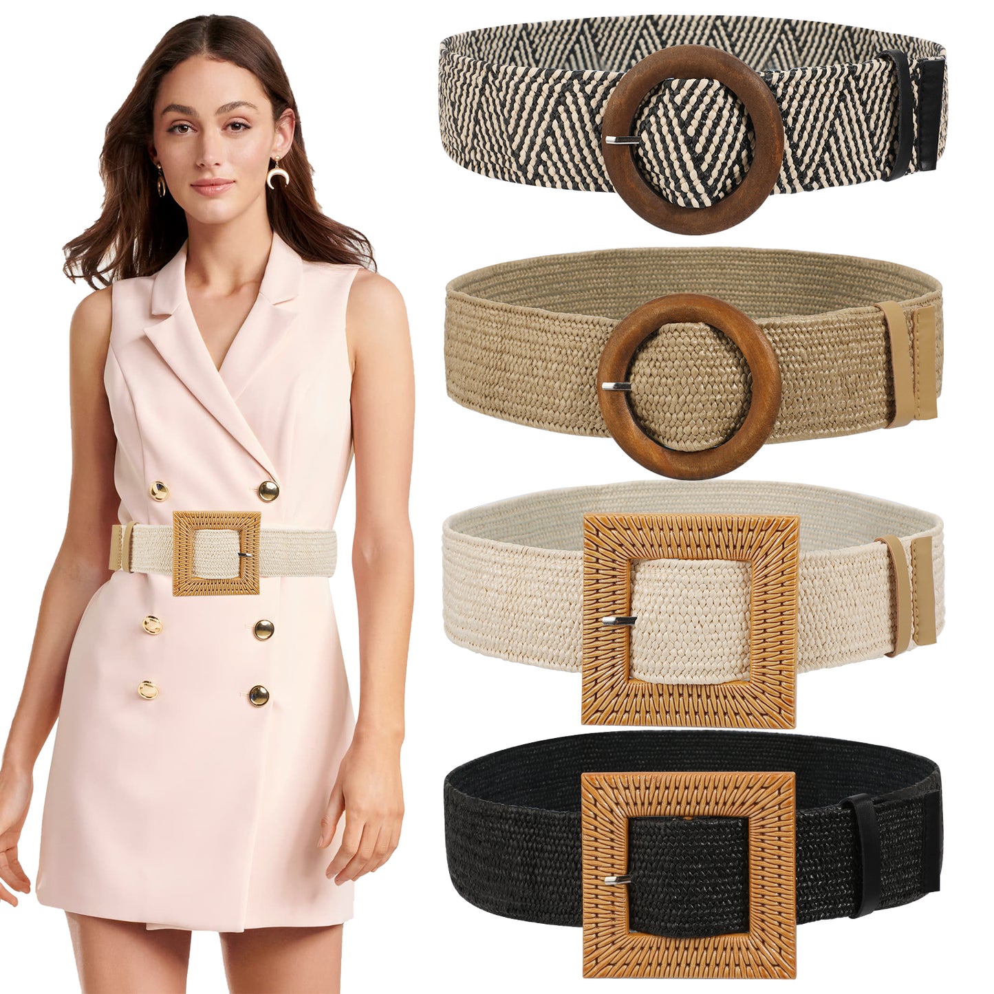 4 Pack Straw Woven Belt for Women Girls, Elastic Stretch Wide Waist Belt Fashion Boho Skinny Dresses Belt with Buckle