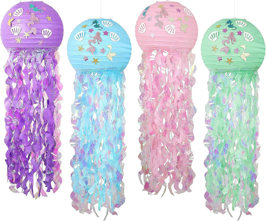 4 Pack Mermaid Hanging Jellyfish Paper Lanterns, Mermaid Themed Glitter Hanging Jellyfish Paper Lanterns with Bright Strip and Mermaid Sticker Decoration for Birthday, Bedroom, Party Decoration