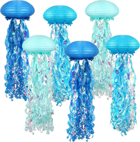 6 Pack Blue Hanging Jelly Fish Paper Lanterns, Gradient Colorful Paper Lanterns for Mermaid Theme Party Under The Sea Ocean Birthday Baby Shower Baby Room Decorations