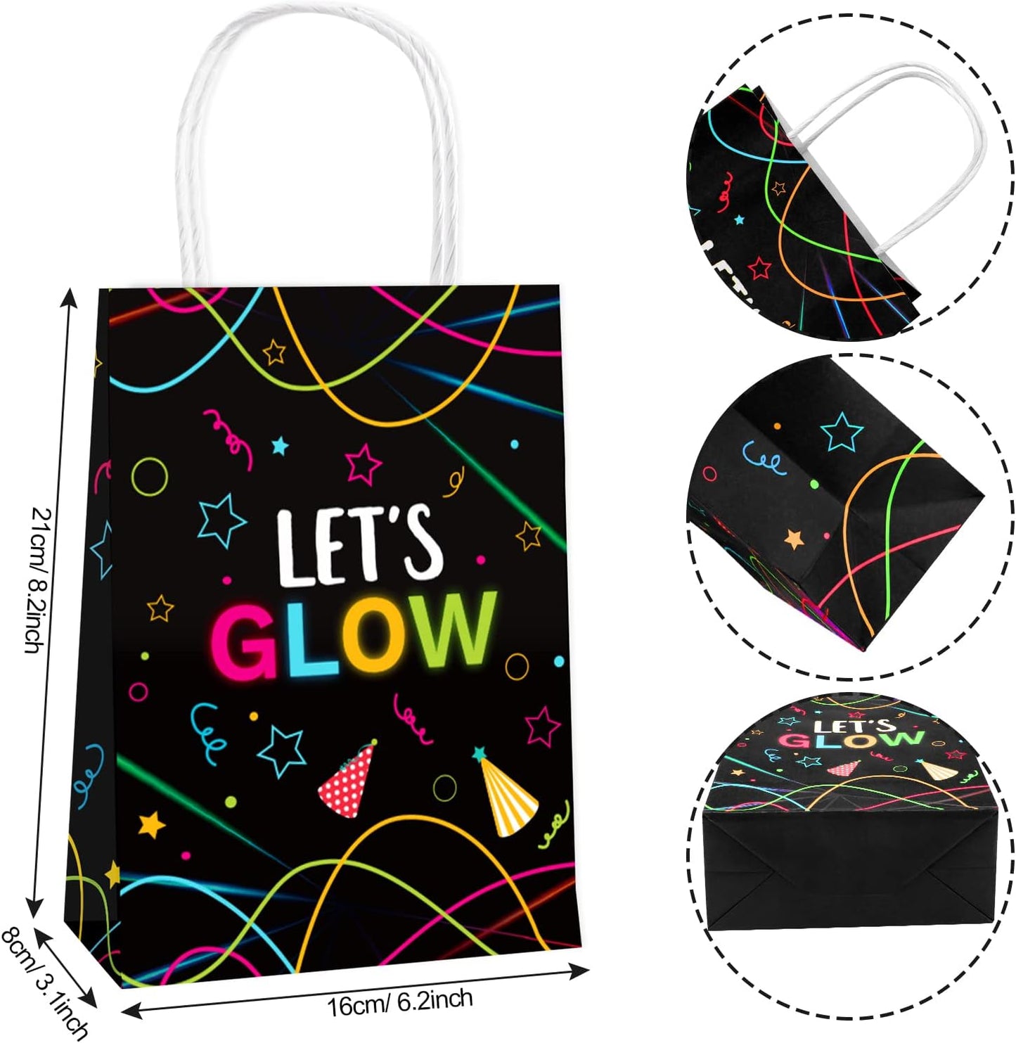 12 Pack Let's Glow Party Gift Bags, Glow Neon Themed Party Supplies Favors Decorations for Adults & Kids, Glow in Dark Candy Wrap Bags