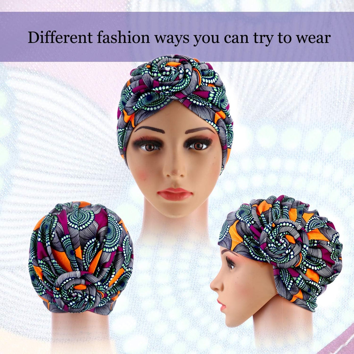 Phogary 6 Pack Women Turbans African Pattern Knot Headwrap Bohemian Print Pre Tied Flower Knot Bonnet Hat for Women Girls