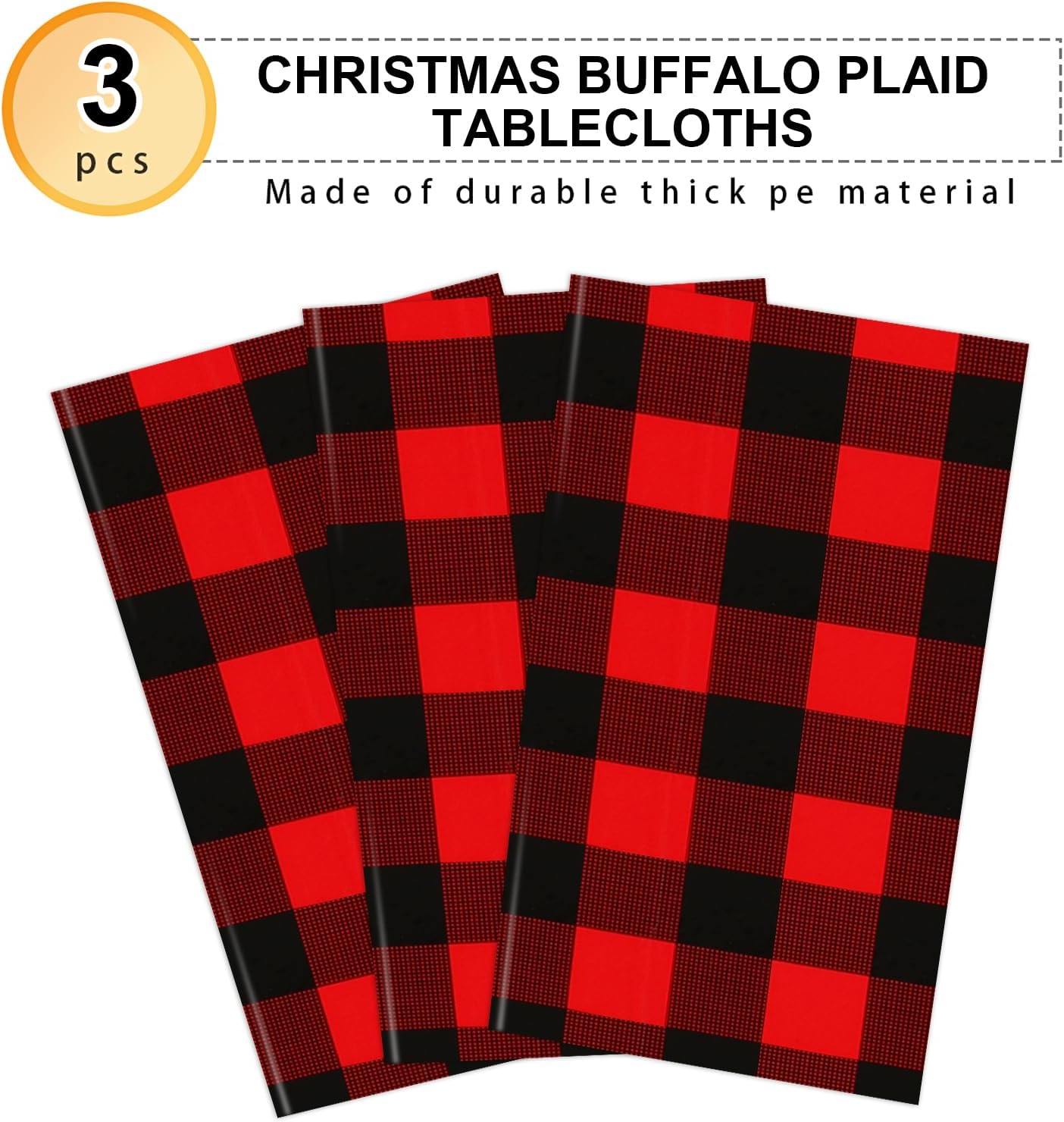 3 Pack Christmas Buffalo Plaid Tablecloths, Red and Black Buffalo Checked Tablecloths Disposable Rectangle Plastic Tablecloth for Christmas Winter Holiday Parties Decorations Supplies 54"X108"