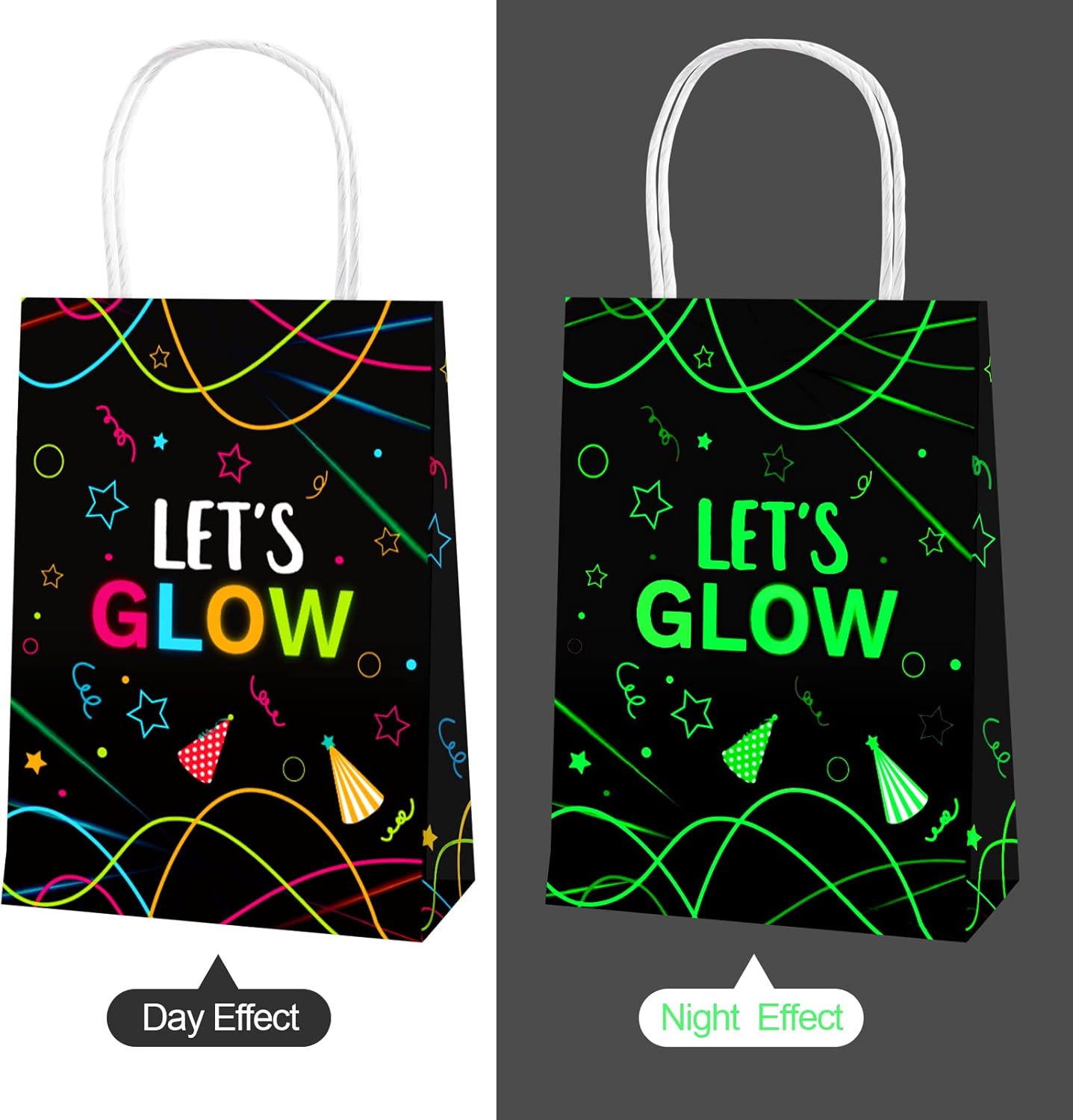 12 Pack Let's Glow Party Gift Bags, Glow Neon Themed Party Supplies Favors Decorations for Adults & Kids, Glow in Dark Candy Wrap Bags