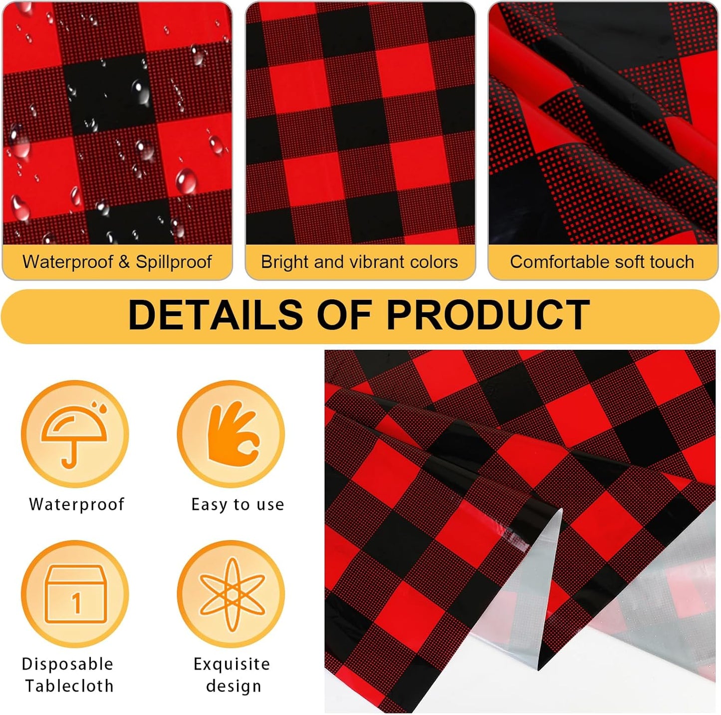 3 Pack Christmas Buffalo Plaid Tablecloths, Red and Black Buffalo Checked Tablecloths Disposable Rectangle Plastic Tablecloth for Christmas Winter Holiday Parties Decorations Supplies 54"X108"