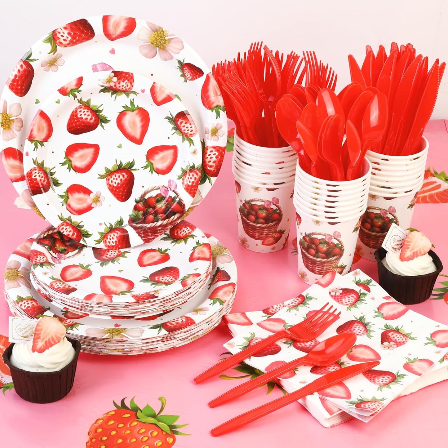 168Pcs Strawberry Baby Shower Decorations Berry Sweet Baby Plates Napkins Party Paper Tableware Girls Baby Shower Party Supplies Serves 24 Guests