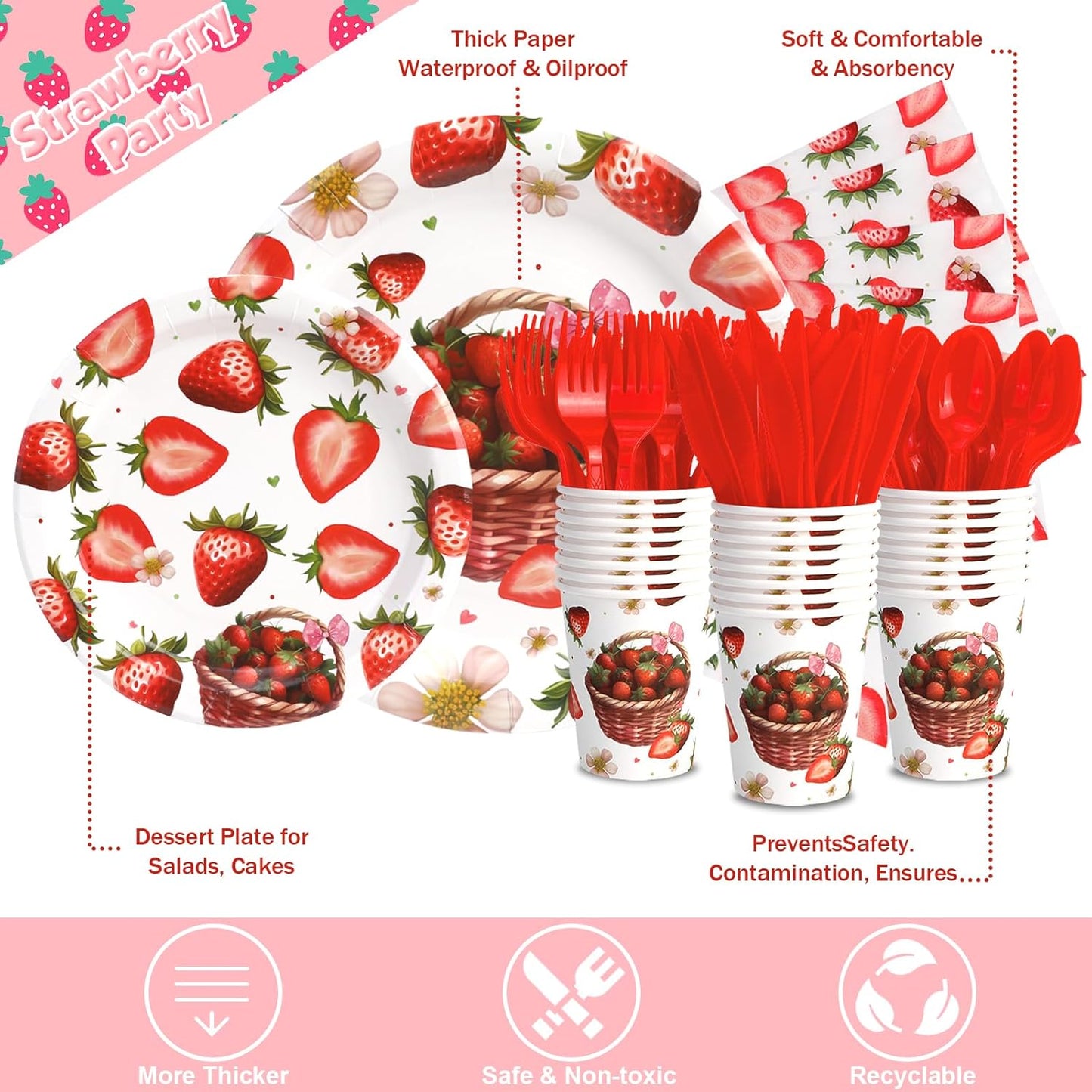 168Pcs Strawberry Baby Shower Decorations Berry Sweet Baby Plates Napkins Party Paper Tableware Girls Baby Shower Party Supplies Serves 24 Guests