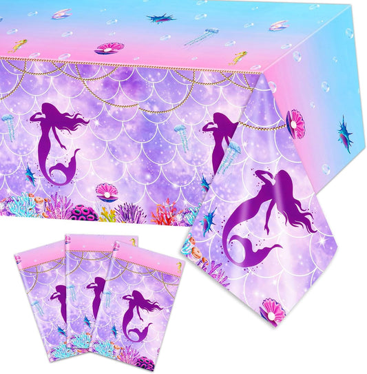 3 Pack Mermaid Plastic Tablecloth, Mermaid Disposable Mermaid Table Covers for Girls Birthday Party Baby Shower Under The Sea Party Decorations, 54 x 108 inch