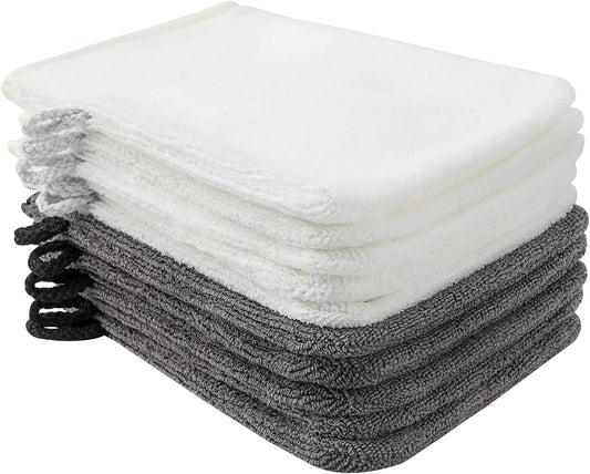 10 Pack Microfiber Body Wash Mitts, Soft Face Mitten, Bath Spa Cloth, Reusable Makeup Remover Mitt Gloves, European Style Wash Cloth, 6 x 8 inch - White and Grey