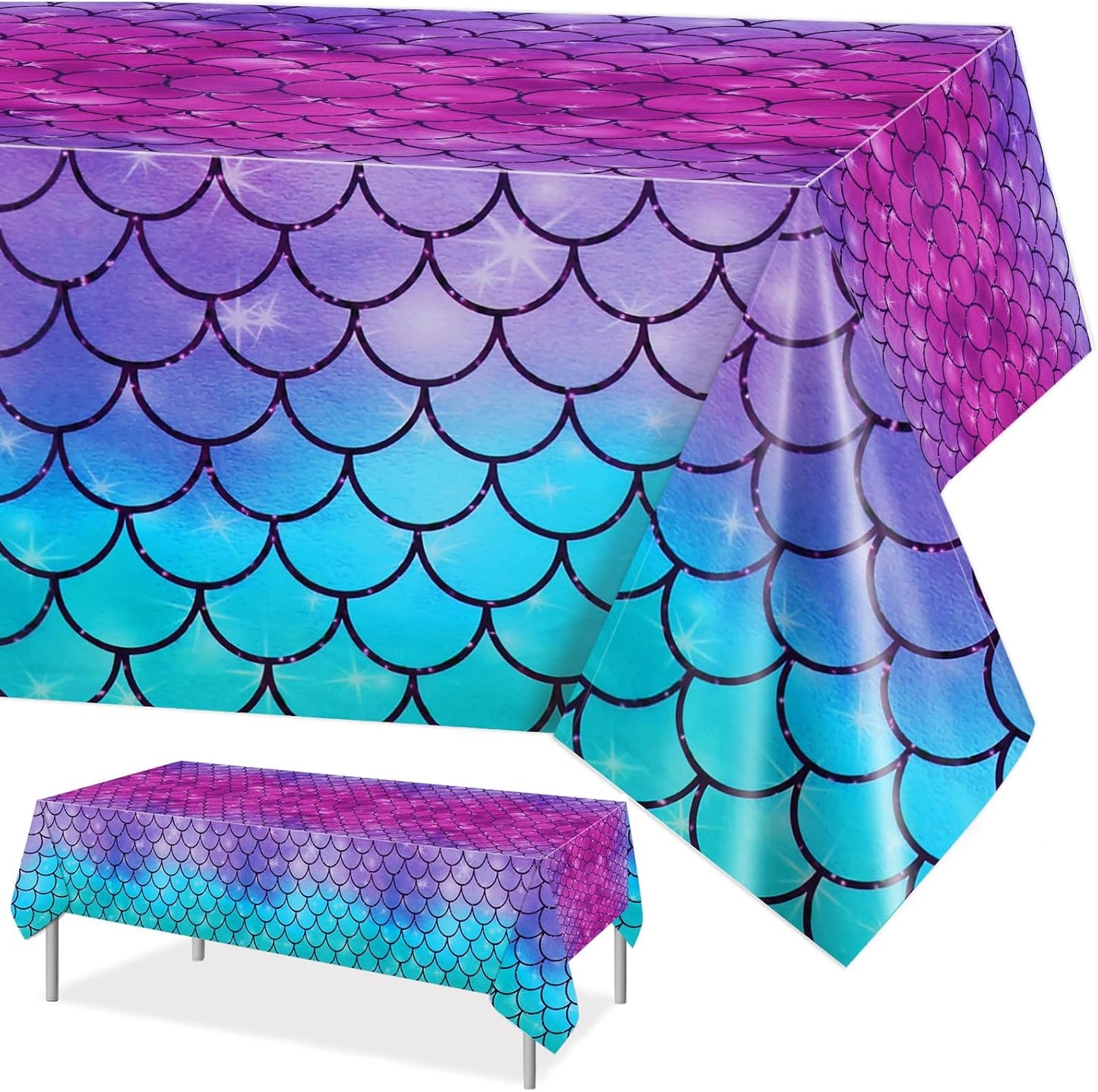 Fish Scales Mermaid Tablecloth - Little Mermaid Party Table Cover Birthday Decorations Under The Sea Princess Table Cloths for Parties Girls' Party Supplies, 3 PCS 51" x 87"