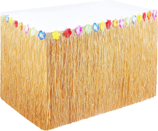 Luau Table Skirt for Hawaiian Party, 9ft x 29in Fake Grass Fringe for Tiki Hut Bar Tropical Bridal Shower, Summer Island Beach Party, Moana Theme Birthday Decorations