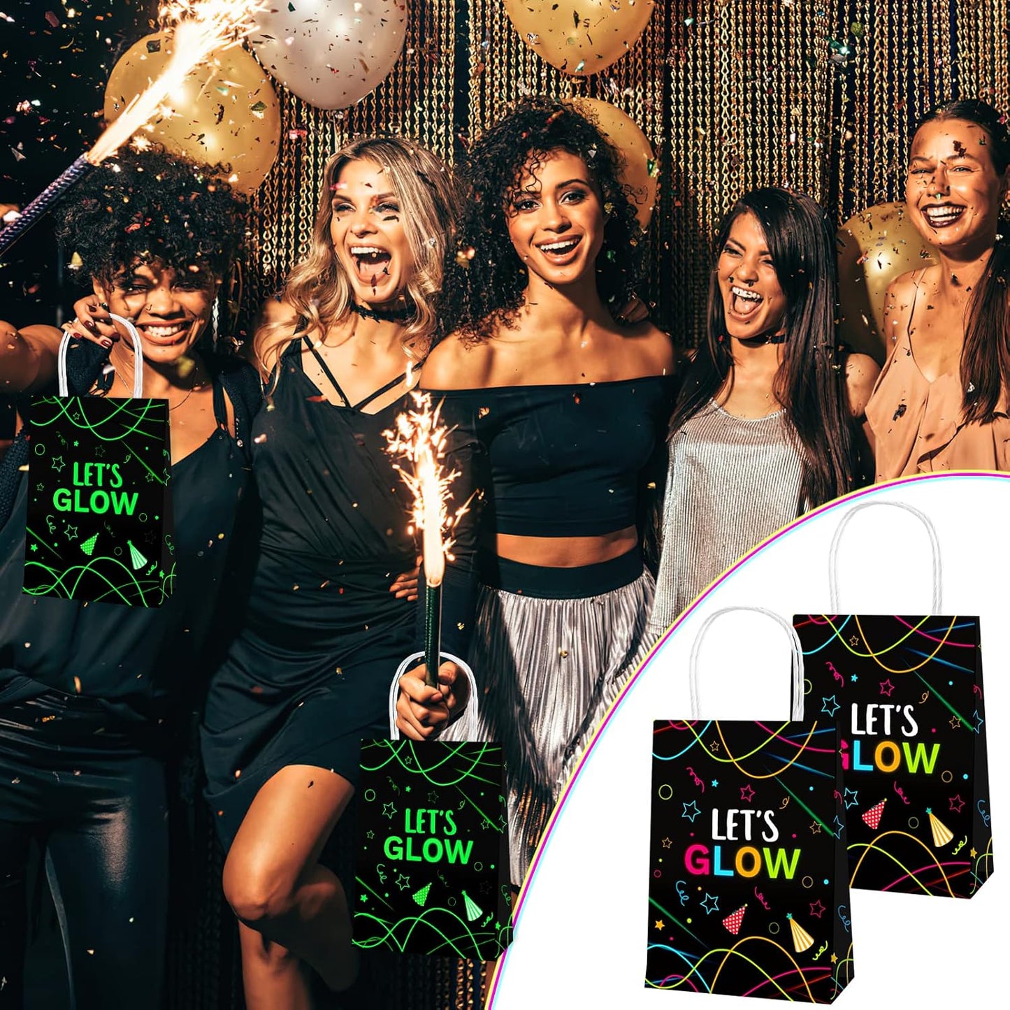 12 Pack Let's Glow Party Gift Bags, Glow Neon Themed Party Supplies Favors Decorations for Adults & Kids, Glow in Dark Candy Wrap Bags