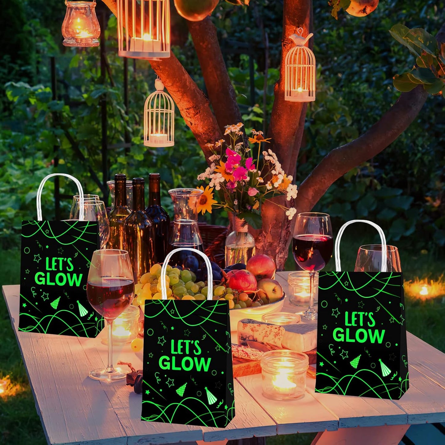 12 Pack Let's Glow Party Gift Bags, Glow Neon Themed Party Supplies Favors Decorations for Adults & Kids, Glow in Dark Candy Wrap Bags