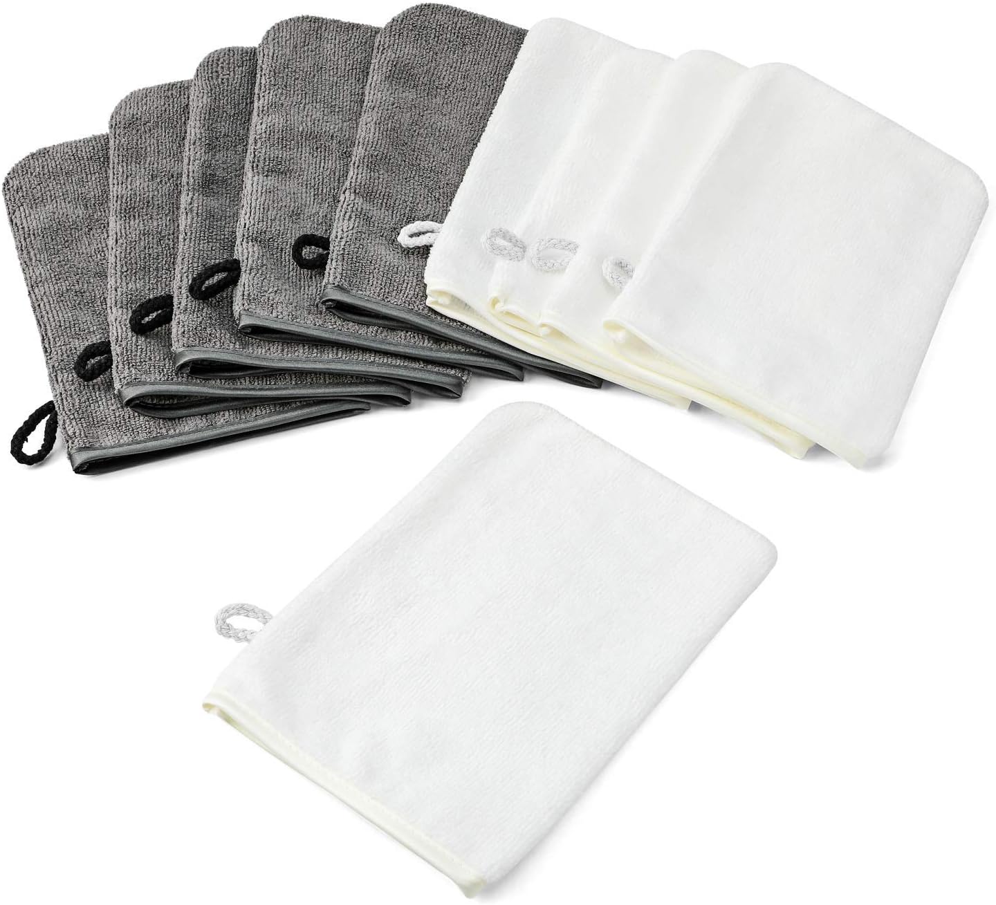 10 Pack Microfiber Body Wash Mitts, Soft Face Mitten, Bath Spa Cloth, Reusable Makeup Remover Mitt Gloves, European Style Wash Cloth, 6 x 8 inch - White and Grey