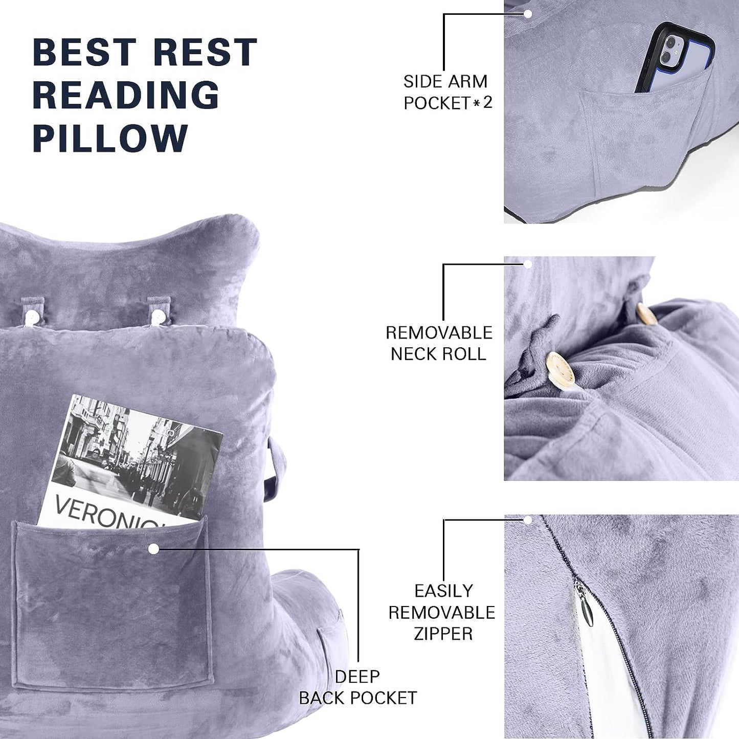 Phogary Reading Pillow, Extra Large 31" Bed Rest Pillow with Detachable Neck Roll & Arms for Sitting in Bed or Couch-Backrest Reading Pillow Adult Back Pillows, Light Grey