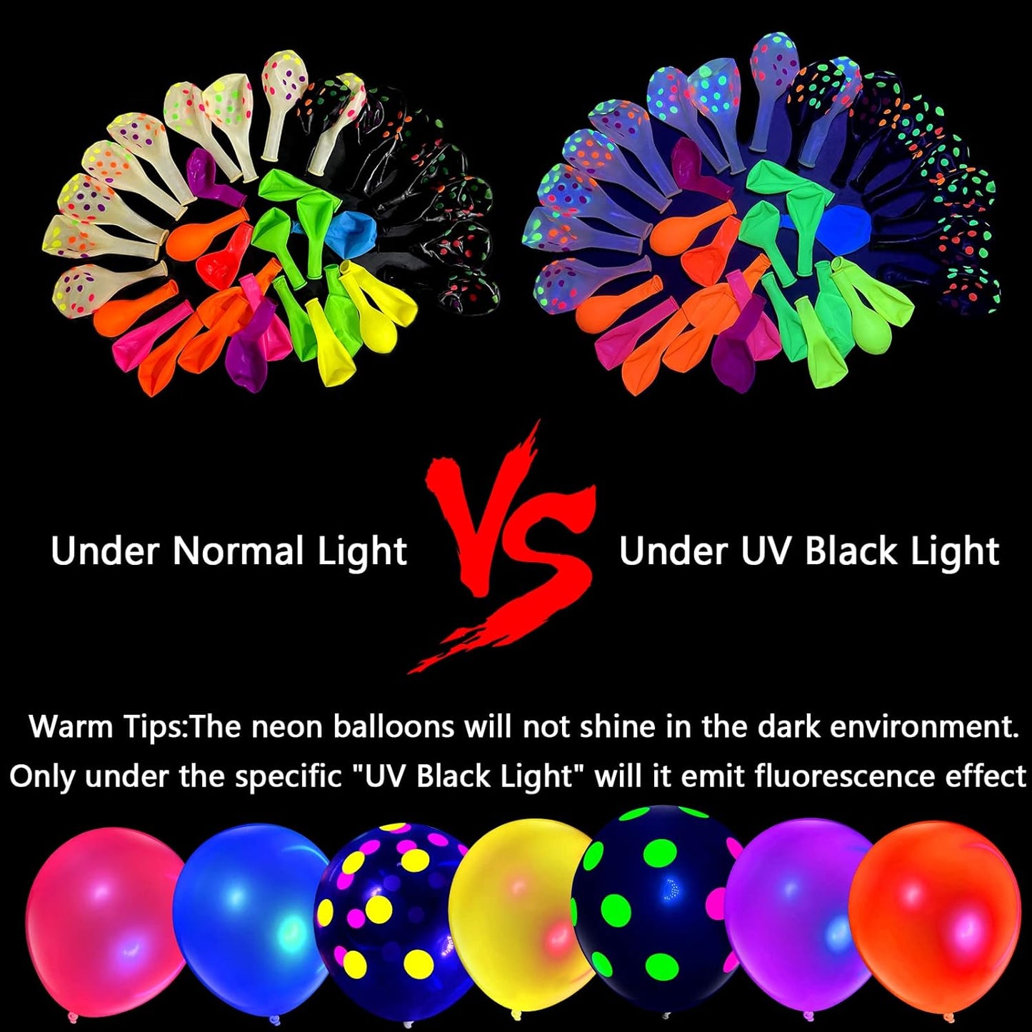 100 Pcs UV Neon Balloons, 12” Polka Dot Blacklight Balloons Glow in the Dark Luminous Helium Latex Balloon for Birthday, Wedding, Neon Party, Glow Party Decoration