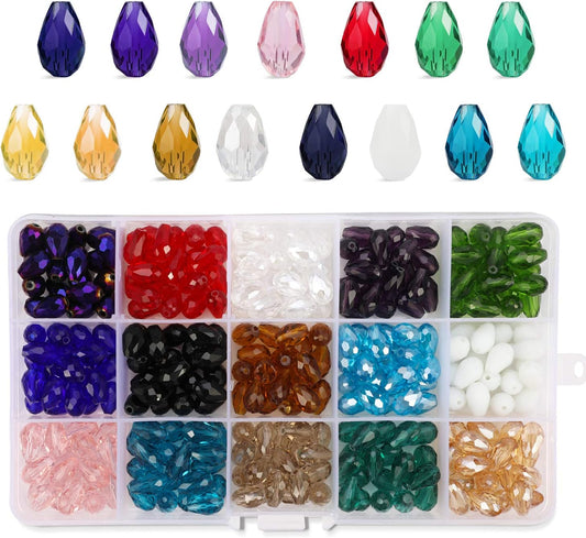 300pcs Glass Beads Mixed Colors Crystal Teardrop Beads Assorted Kit for Jewelry Making, DIY Crafting, 8*12mm