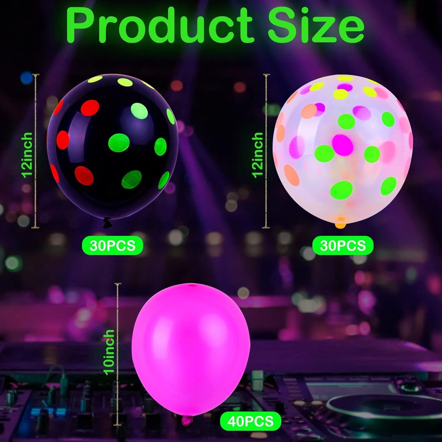 100 Pcs UV Neon Balloons, 12” Polka Dot Blacklight Balloons Glow in the Dark Luminous Helium Latex Balloon for Birthday, Wedding, Neon Party, Glow Party Decoration