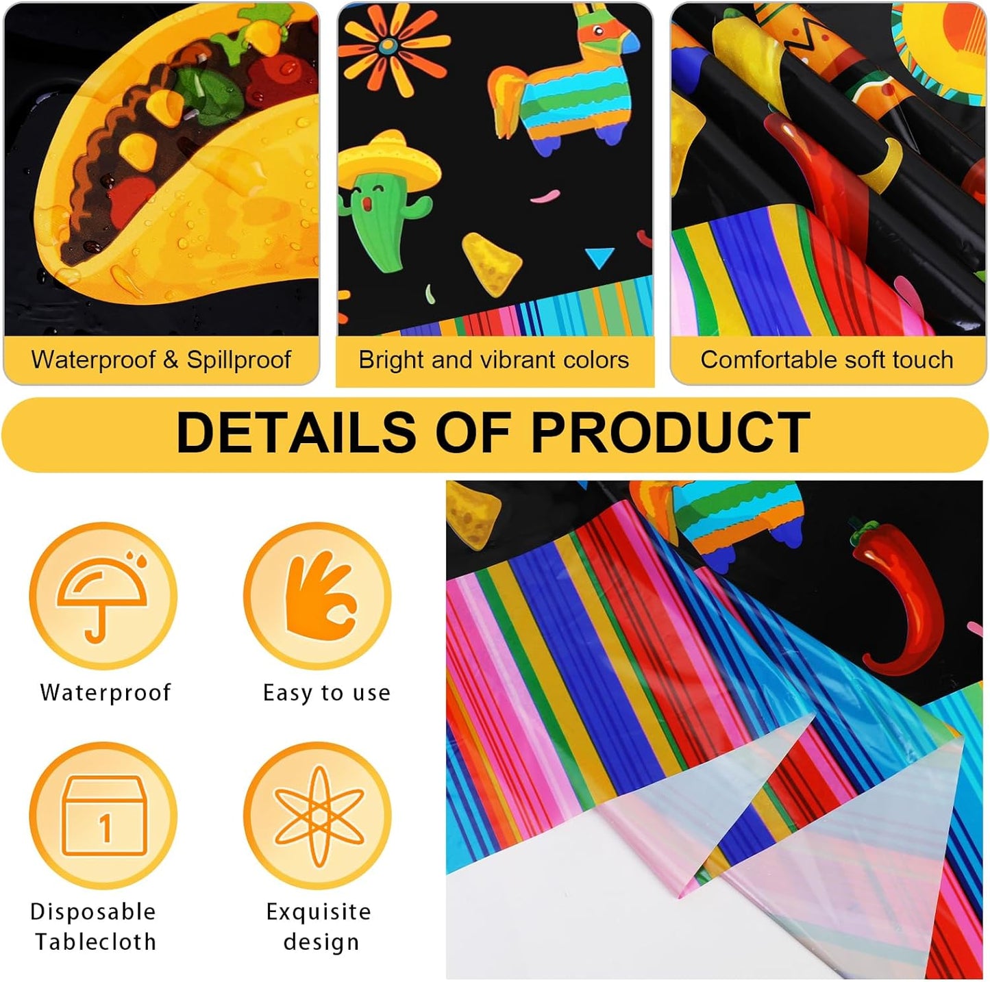 3 Pack Mexican Tablecloth for Fiesta Themed Birthday Party Mexicana Taco Night Cinco De Mayo, 51x87"