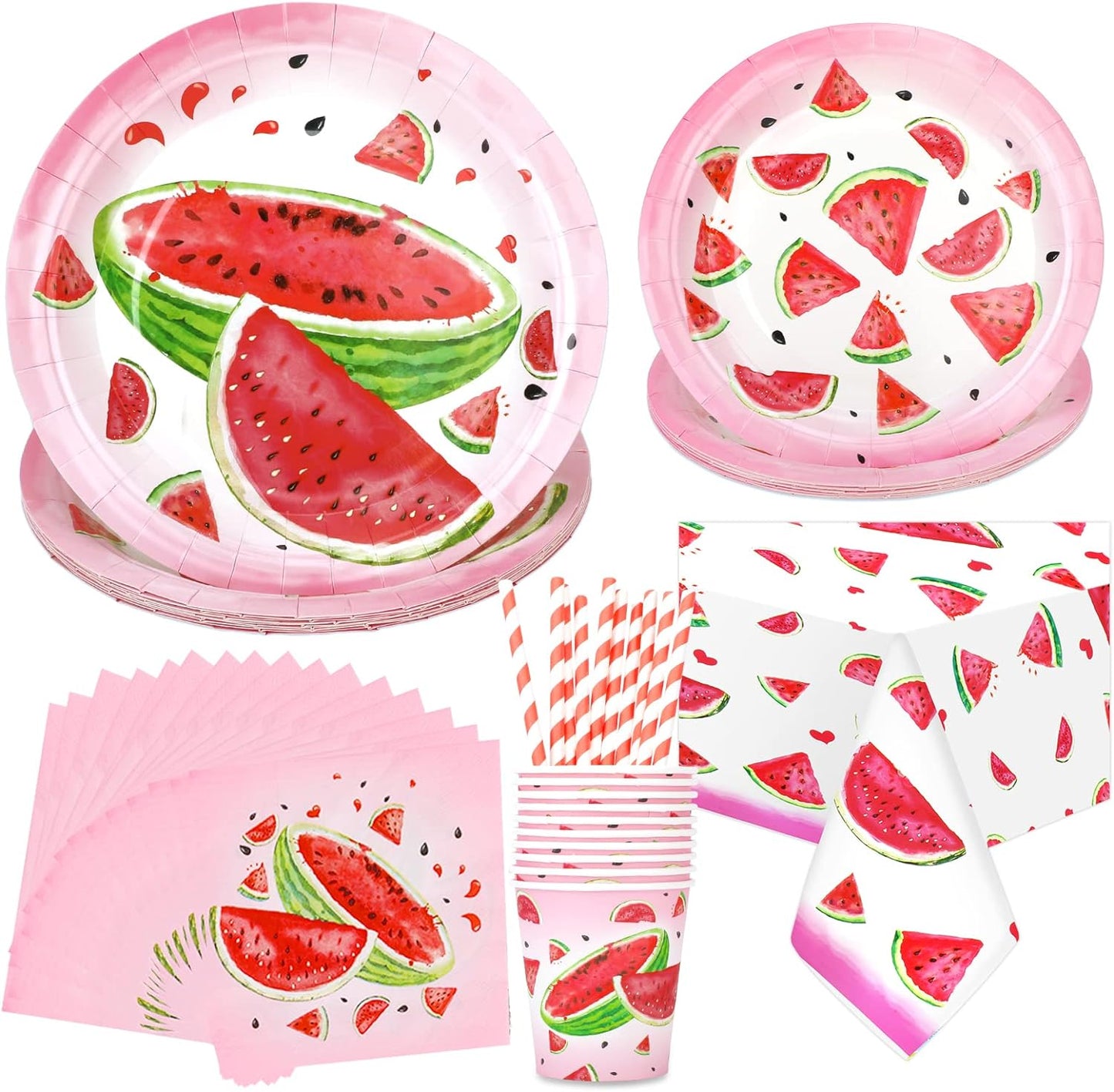 81Pcs Watermelon Party Tableware Set Serves 16, One In A Melon Party Decorations Include Watermelon Plates, Napkins, Straws, Cups, Tablecloth for Summer Birthday Pool Fruit Party