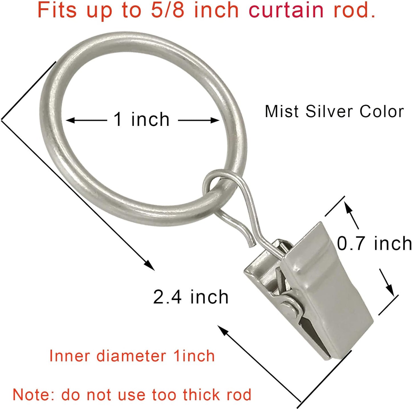 60 Pack Metal Curtain Rings with Clips, Curtain Clip Rings Hooks for Hanging Drapery Drapes Bows, Curtain Rod Rings 1 inch Interior Diameter