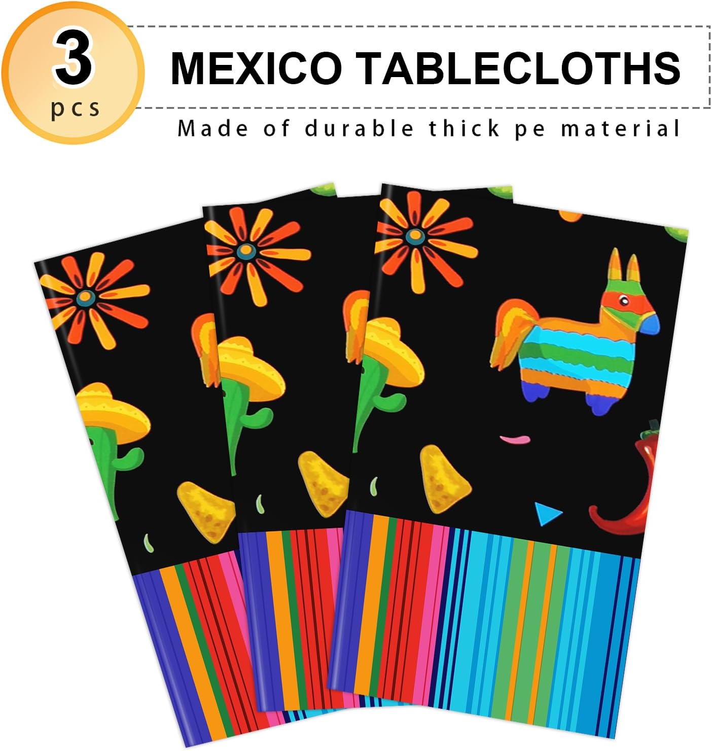 3 Pack Mexican Tablecloth for Fiesta Themed Birthday Party Mexicana Taco Night Cinco De Mayo, 51x87"