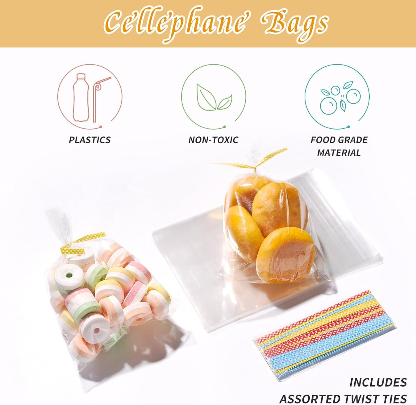 200pcs Self Sealing Cellophane Bags with Ties, Clear Plastic Cello Bags for Packaging Pretzel Cookie Candy Favor Gift Small Treat Bags Goodie Bags, 6x3.5in