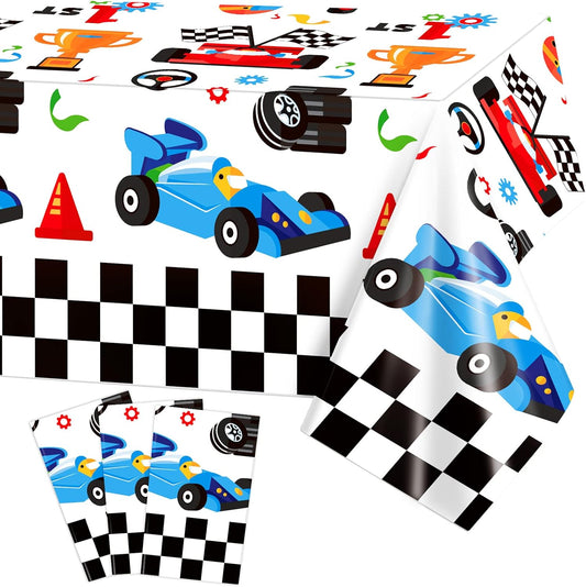 3 Pack Racing Car Tablecloth, Disposable Plastic Rectangular Table Covers, Black and White Checkered Flag Tablecloths Car Theme Birthday Party Decoration