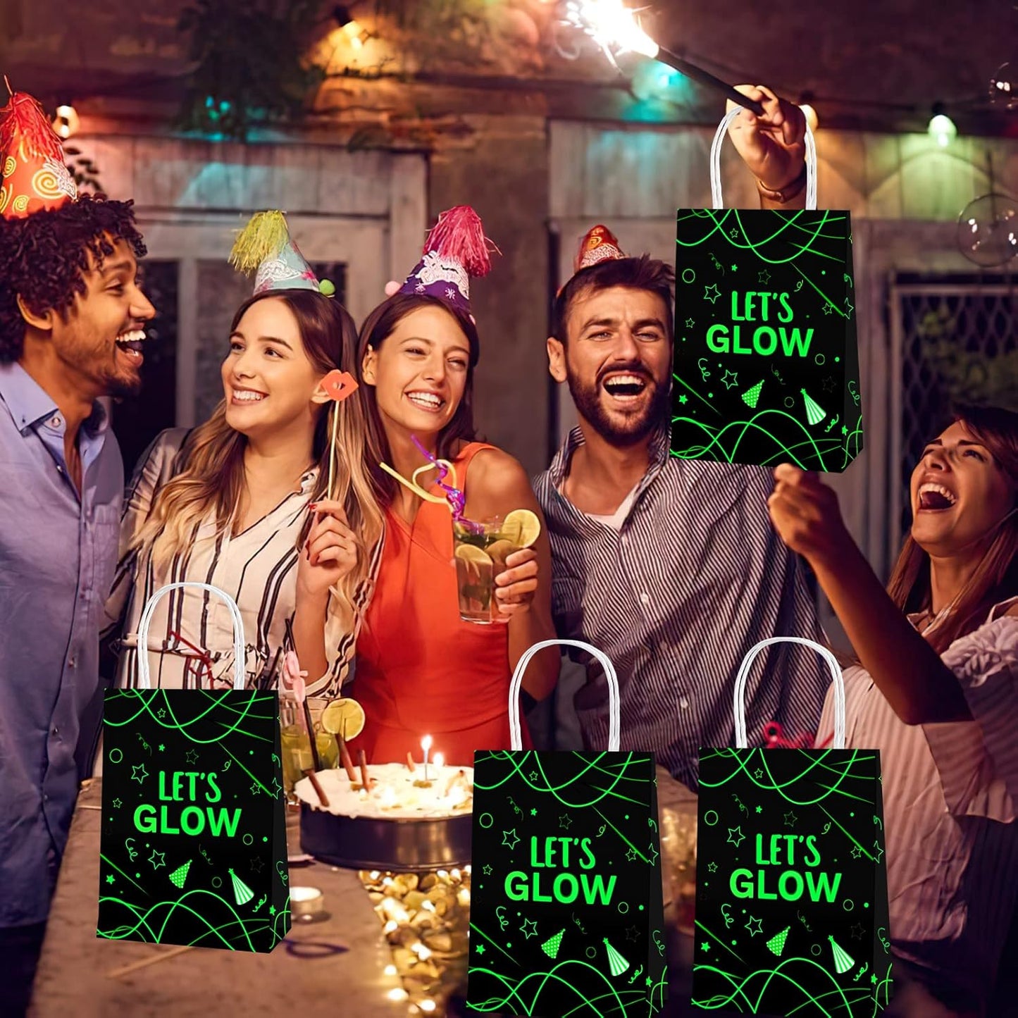 12 Pack Let's Glow Party Gift Bags, Glow Neon Themed Party Supplies Favors Decorations for Adults & Kids, Glow in Dark Candy Wrap Bags