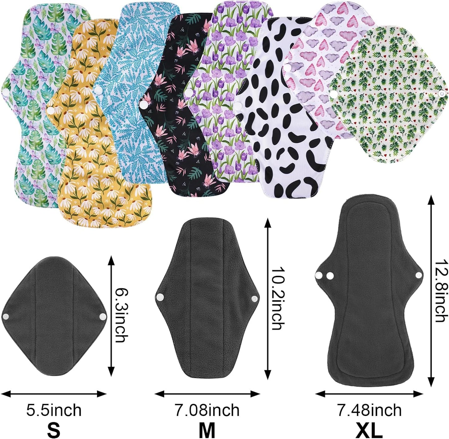 8pcs Bamboo Cloth Pads Women Reusable Menstrual Pads for Heavy Flow with Wet Bag, 3 Sizes Sanitary Pads Set with Wings