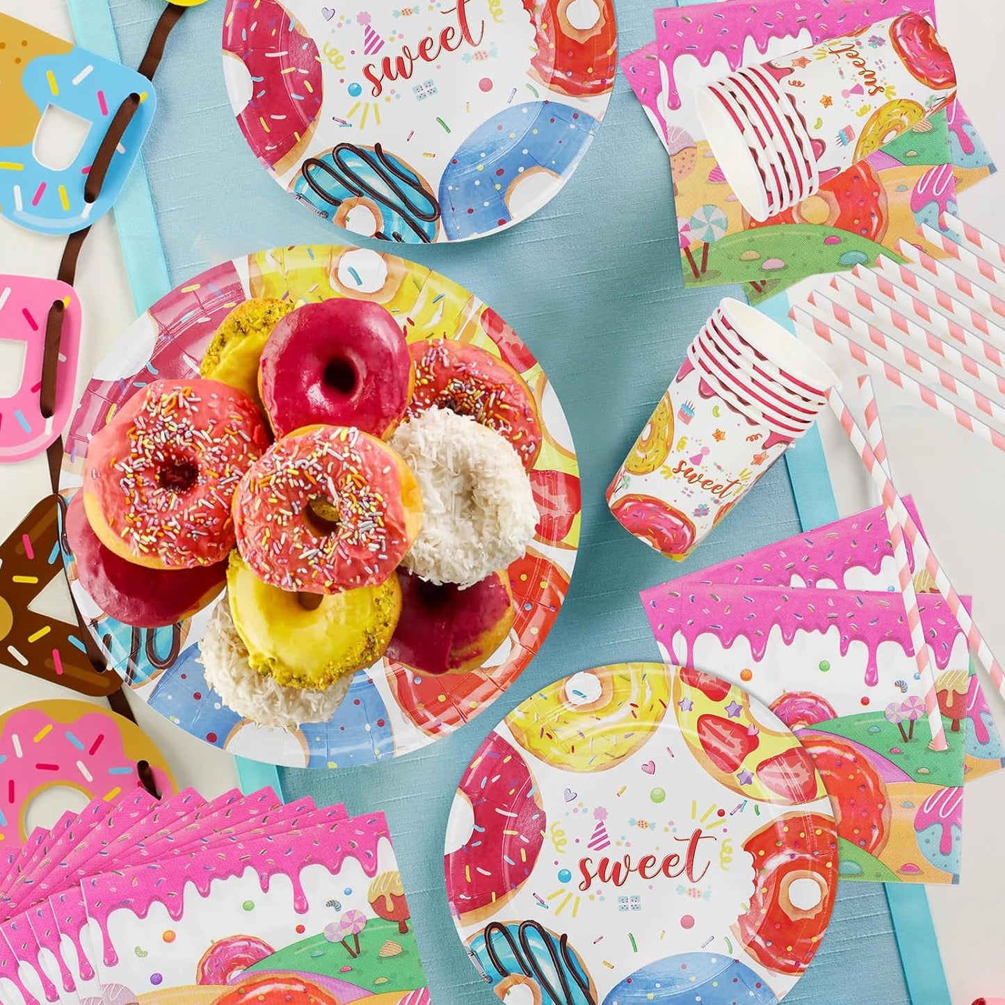 100pcs Donut Party Tableware Set Serves 20, with Donut Plates, Donut Napkins, Straws, Donut Cups for Baby Shower Birthday Party