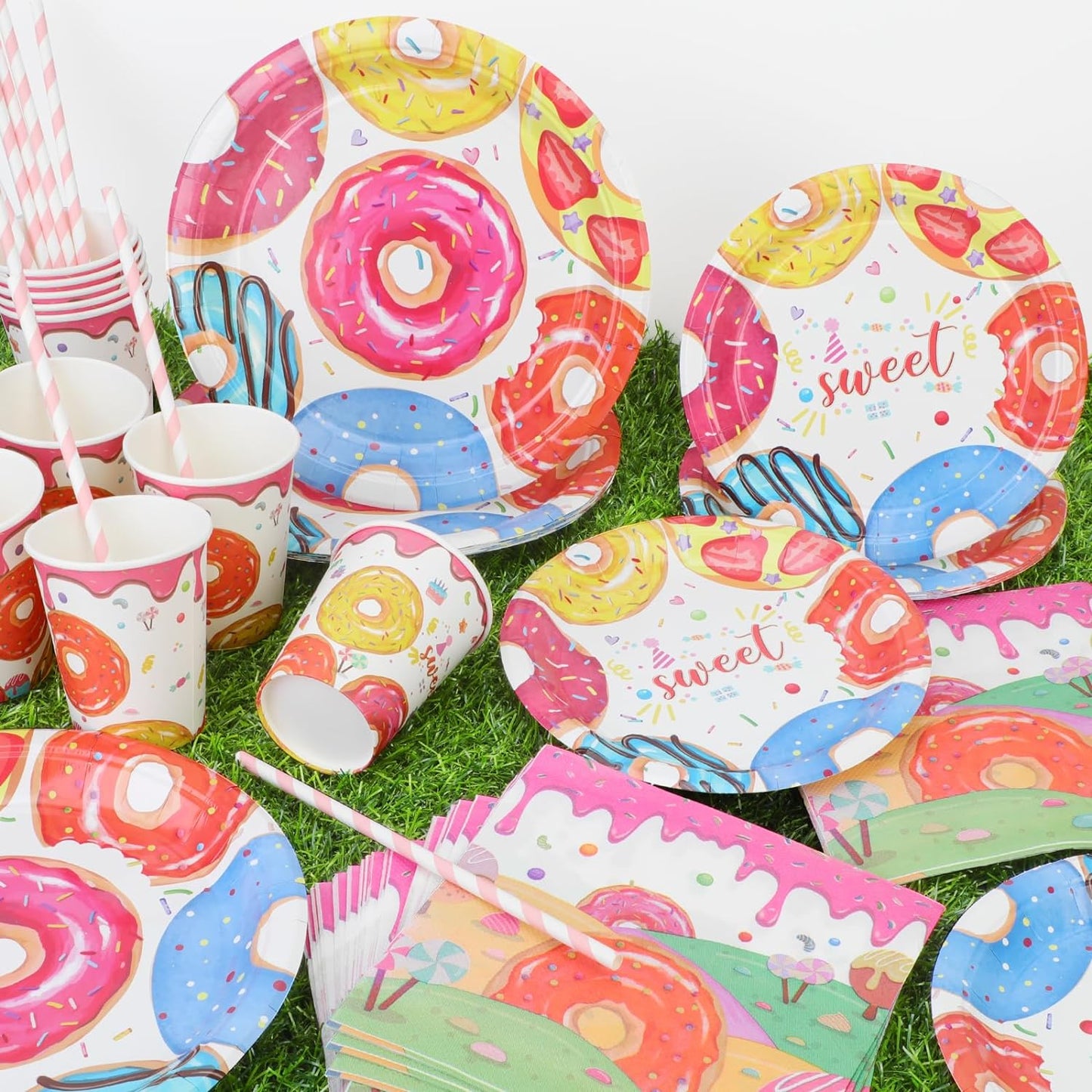 100pcs Donut Party Tableware Set Serves 20, with Donut Plates, Donut Napkins, Straws, Donut Cups for Baby Shower Birthday Party