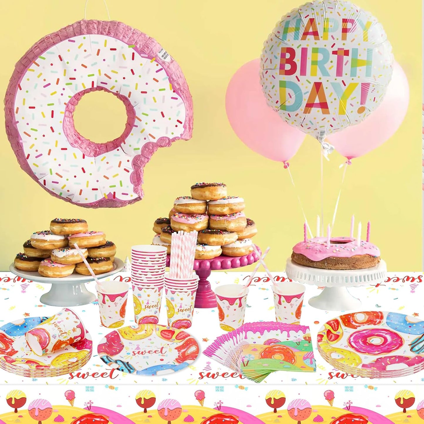 100pcs Donut Party Tableware Set Serves 20, with Donut Plates, Donut Napkins, Straws, Donut Cups for Baby Shower Birthday Party