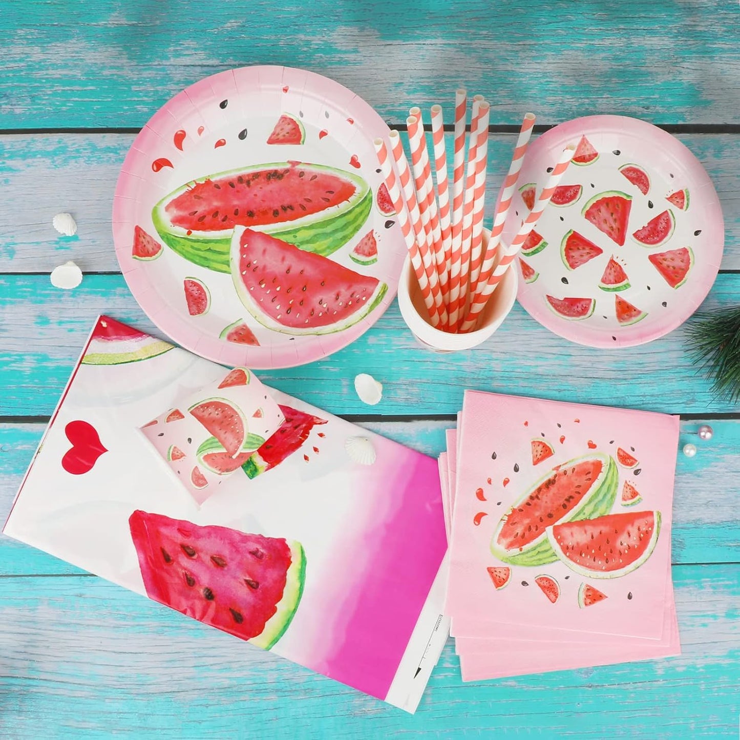 81Pcs Watermelon Party Tableware Set Serves 16, One In A Melon Party Decorations Include Watermelon Plates, Napkins, Straws, Cups, Tablecloth for Summer Birthday Pool Fruit Party