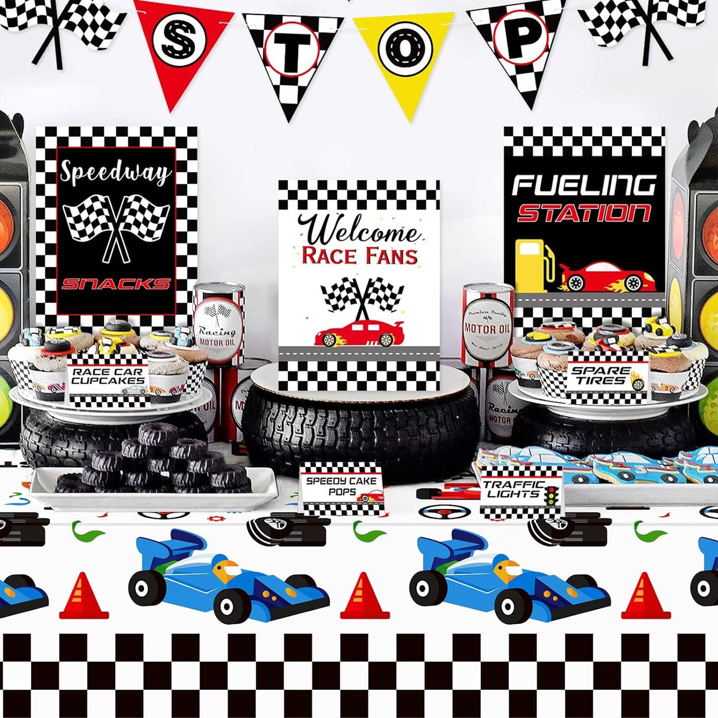 3 Pack Racing Car Tablecloth, Disposable Plastic Rectangular Table Covers, Black and White Checkered Flag Tablecloths Car Theme Birthday Party Decoration