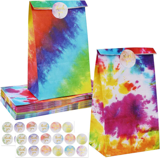 24pcs Tie Dye Party Favor Gift Bags Colorful Treat Paper Bags with Sickers