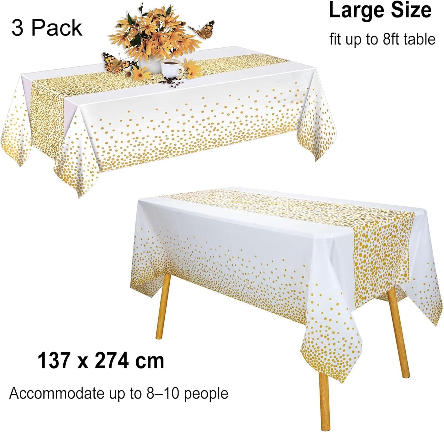 3 Pack Black and Gold Dot Tablecloth Plastic Disposable Table Cover for Wedding Birthday Baby Shower Decoration