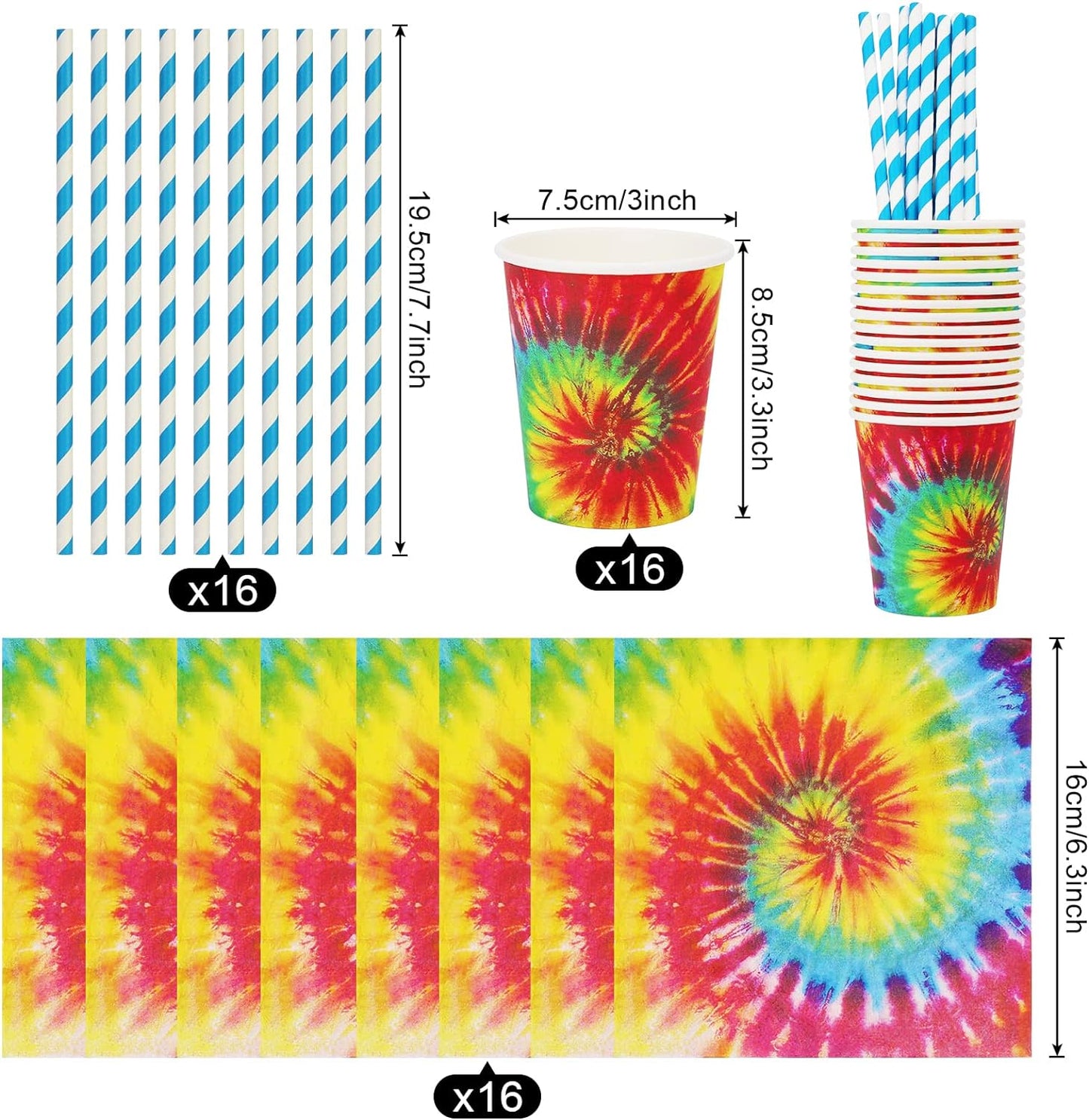 81Pcs Tie Dye Party Tableware Set Serves 16, Hippie Party Supplies Includes Tie Dye Plates, Napkins, Straws, Cups, Tablecloth for Rainbow Party Theme Tie Dye Party Decorations