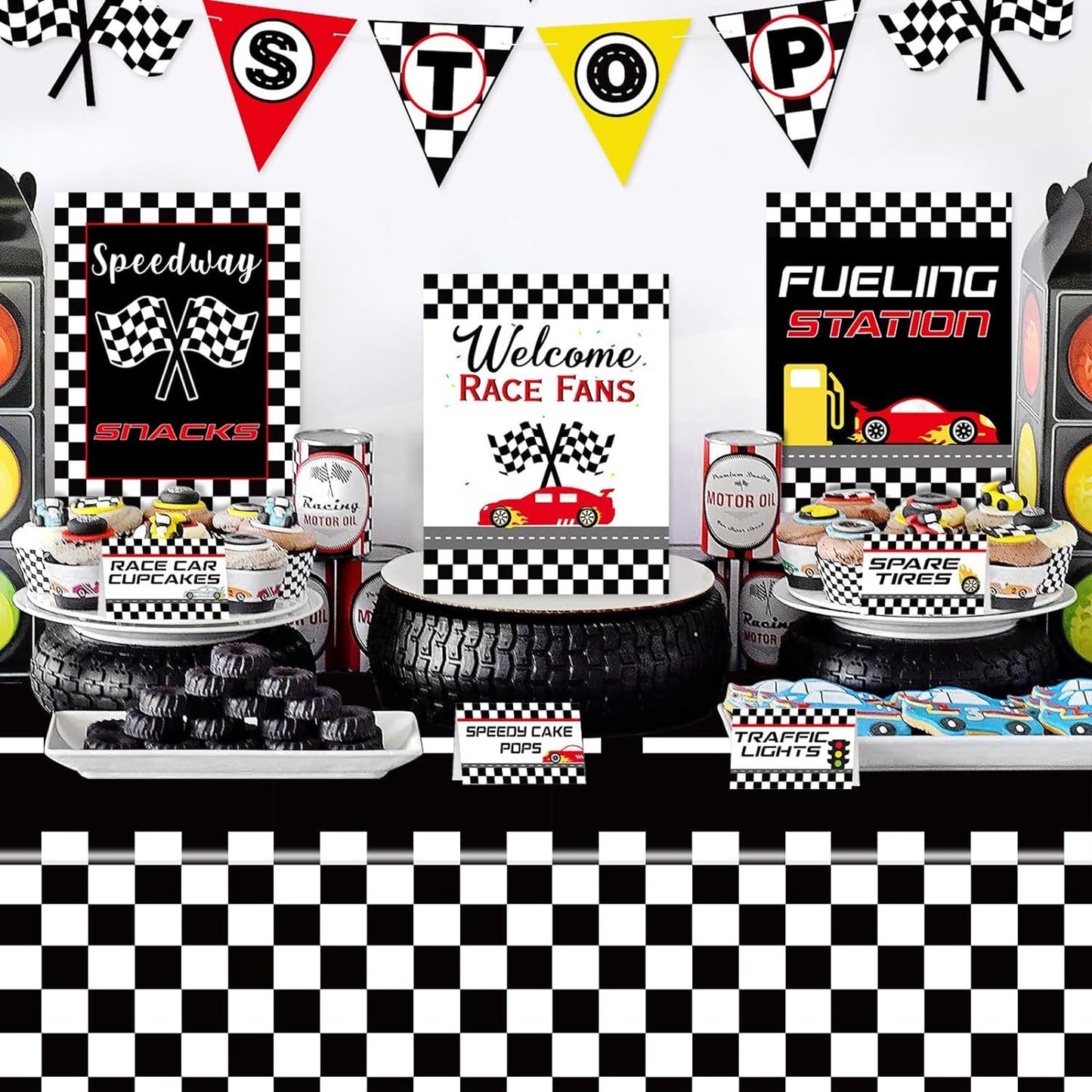 3 Pack Checkered Race Car Tablecovers, Black and White Racing Car Tablecloth for Kids Car Theme Birthday Party Baby Shower Party Supplies, Black