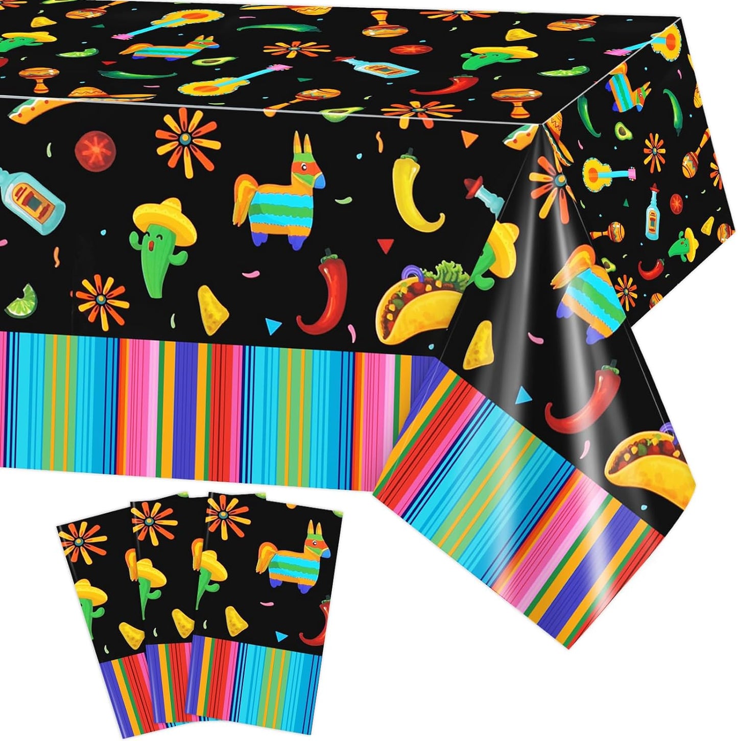 3 Pack Mexican Tablecloth for Fiesta Themed Birthday Party Mexicana Taco Night Cinco De Mayo, 51x87"