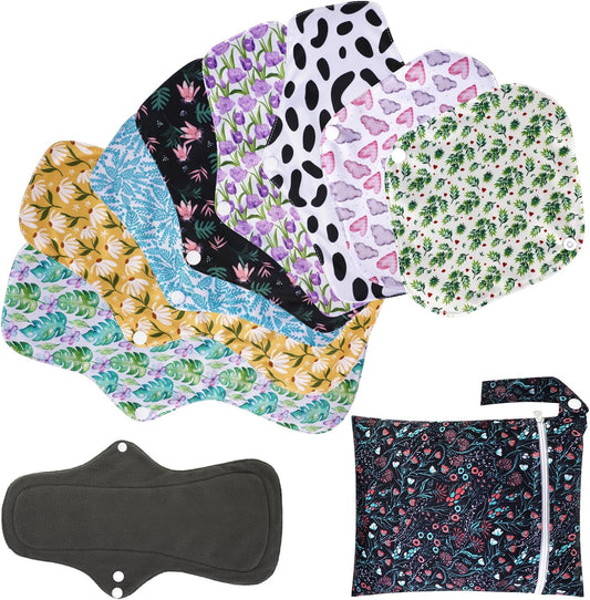 8pcs Bamboo Cloth Pads Women Reusable Menstrual Pads for Heavy Flow with Wet Bag, 3 Sizes Sanitary Pads Set with Wings