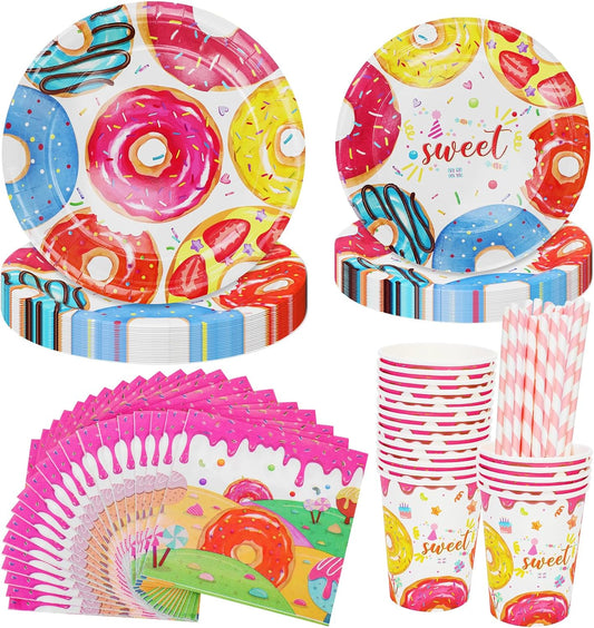 100pcs Donut Party Tableware Set Serves 20, with Donut Plates, Donut Napkins, Straws, Donut Cups for Baby Shower Birthday Party