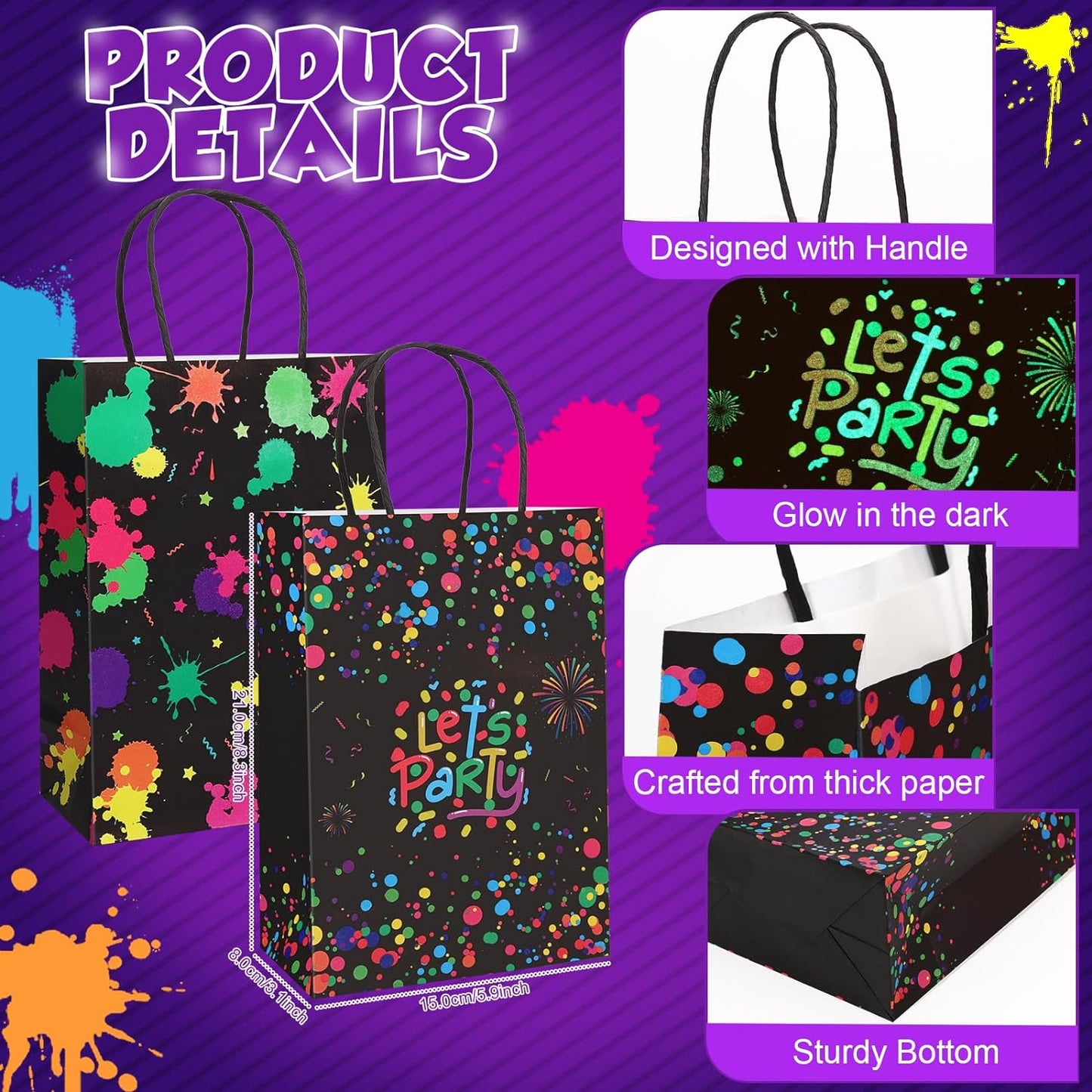 16 Pack Neon Treat Bags with Handle, Glow Paint Splatter Candy Gift Bag, Glow in The Dark Favor Bags for Neon Birthday Party Supplies